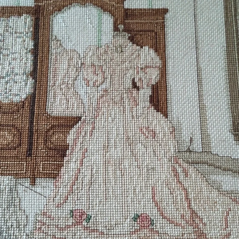 Vintage 90s Cross Stitch Wall Art Framed Victorian Bridal Wedding Cottagecore